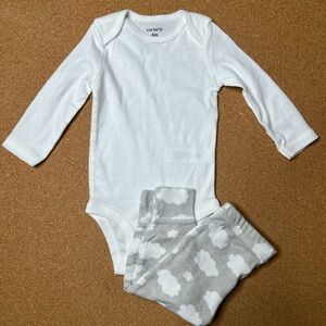 BUNDLE - Carter's White Onesie and Gray Cloud Pants Set + Bonus White Lamb Pants